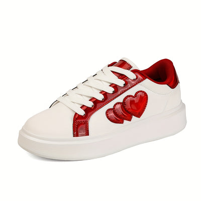 Casual Flat White Shoes, Versatile Korean Style for All Seasons, Harajuku Student Heart-Shaped Lace-Up Sneakers, Fashionable Lightweight Women'S Shoes, New Thick-Soled Platform Shoes.