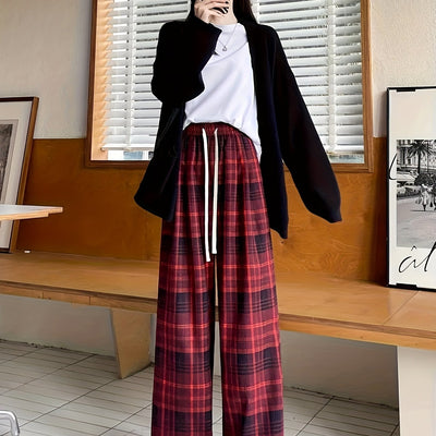Women's Black & White Plaid Wide-Leg Pants - All-Season Loose Trousers with Drawstring Waist, Non-Transparent Casual Everyday & Formal Outfits, Machine Washable Elegant Pants for Women, Comfortable Clothing, Korean Fashion St