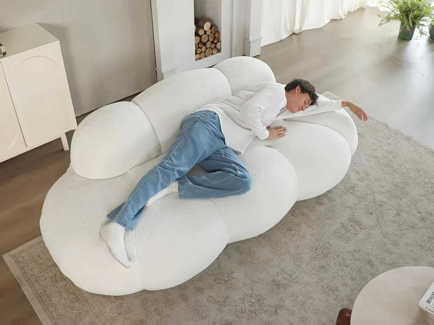 Modern Curved Cloud Shaped Couch for Living Room, Lazy Floor Couch, Boucle LoveSeat 3 Seater Sofa, Cozy Leisure Boneless Couches for Bedroom, Apartment-No Assembly Required, Couch for Bedroom, Boneless Sectional Sofa for Livi