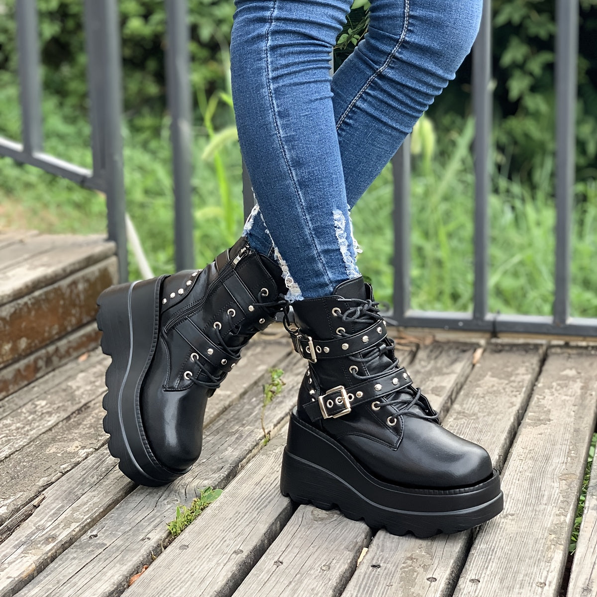 Women'S Chunky Heel Ankle Boots - Black Faux Cover Lace-Up with Metallic Buckle Straps, Round Toe & Thick Sole for Casual & Formal Outfits, High Heel Boots, Formal Footwear, Durable Footwear