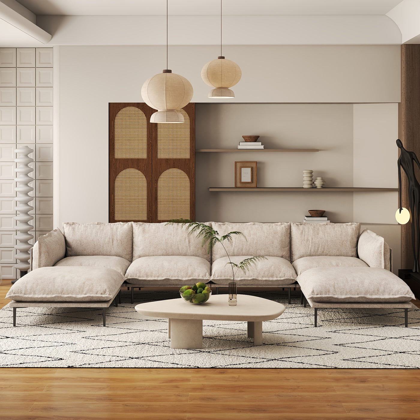 Modern Minimalist Upholstered Couches, U Shape Cloud Modular Sectional Sofa with 2 Ottoman, Comfort Deep Seat U Shaped Couch for Living Room