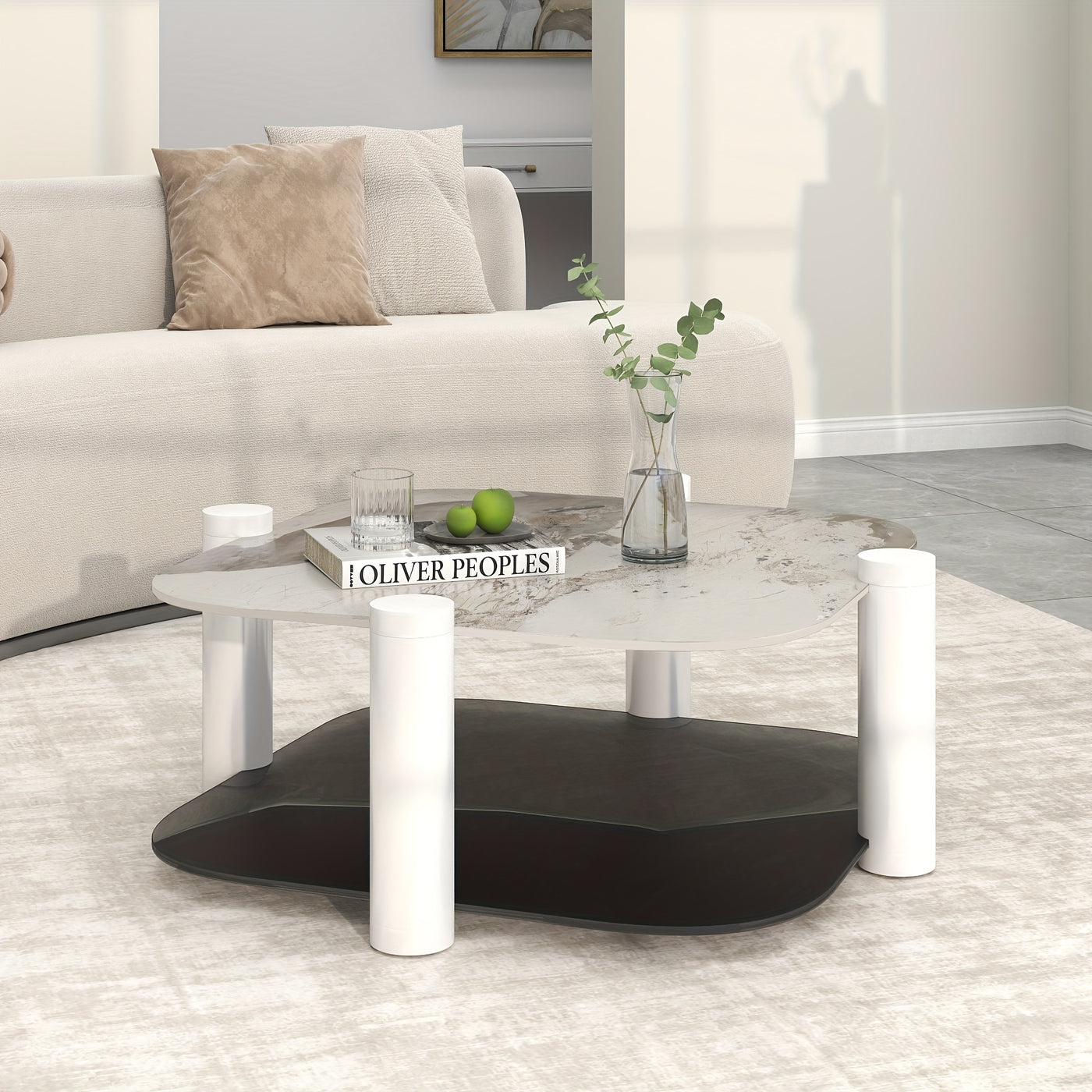 35.4 Inches Coffee Table, 2-layer Storage Space, Round Decorative Table, Rock Board And Glass Can Be Freely Matched, Suitable For Living Room, Bedroom, Small Space
