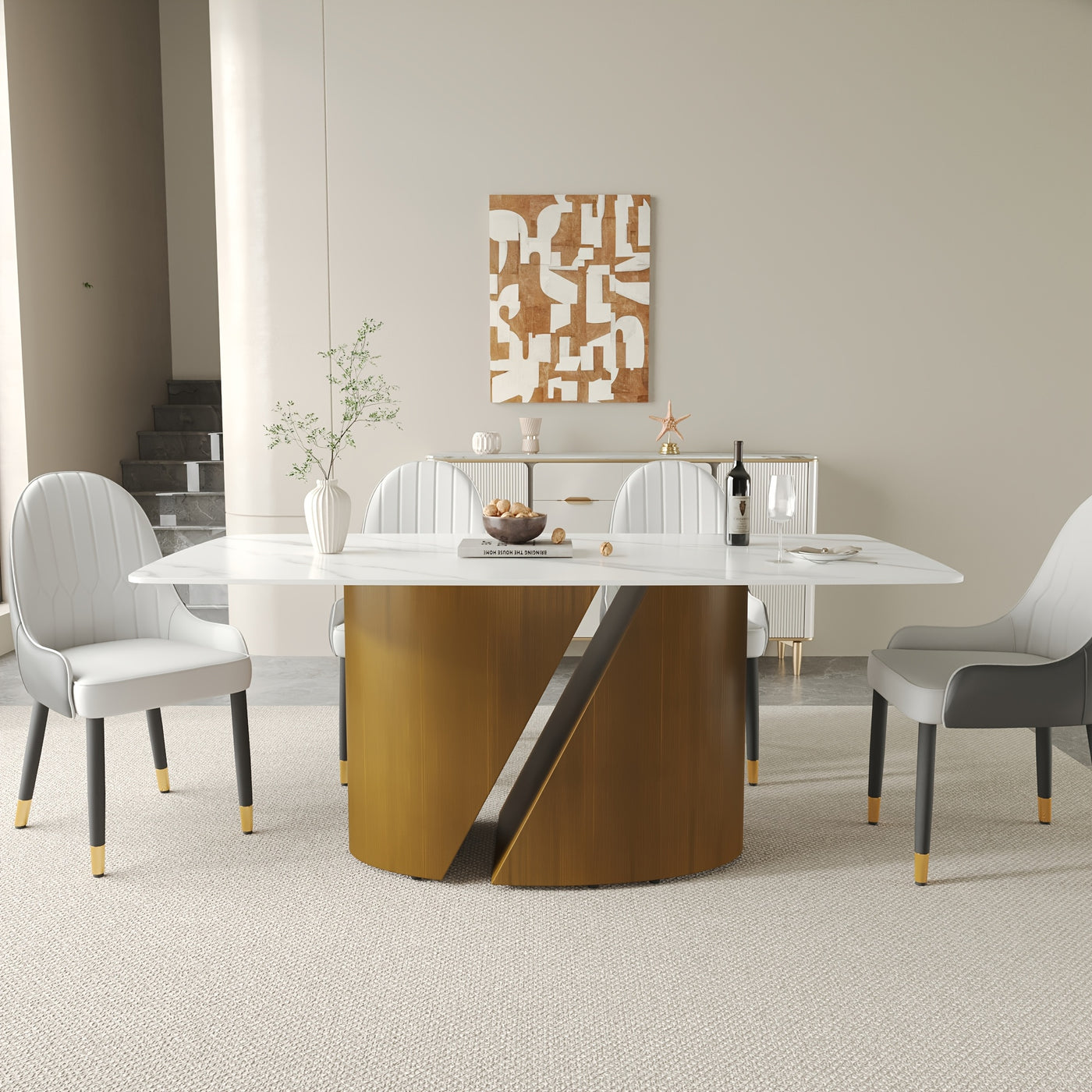 Modern Marble Dining Table for 6-8(Chairs Not Included), 63" White Rectangle Dining Table, Luxury Sintered Stone Dining Tabletop with Bronze Carbon Steel Pedestal Dinner Table for Kitchen Dining Room
