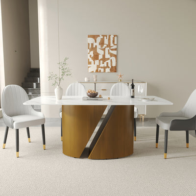 Modern Marble Dining Table for 6-8(Chairs Not Included), 63" White Rectangle Dining Table, Luxury Sintered Stone Dining Tabletop with Bronze Carbon Steel Pedestal Dinner Table for Kitchen Dining Room
