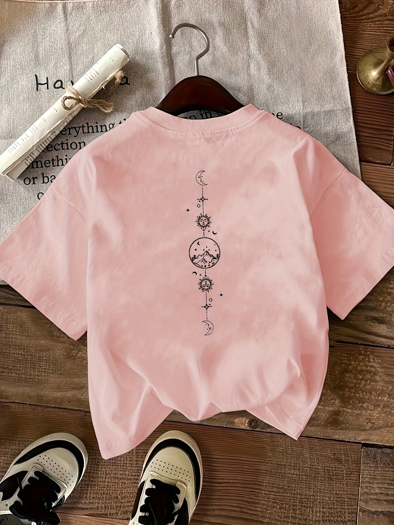 Women's Black & White Celestial Print Short Sleeve T-Shirt - Front & Back Moon & Stars Graphic, Medium Stretch Round Neck Casual Top, Machine Washable All-Season Comfort Fit, Everyday Top | Stylish Back Print | Quality Casual
