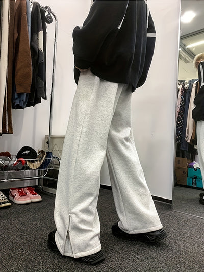 Men'S Casual Straight Leg Pants with Side Zipper, All-Season Korean Style Loose Fit, Slimming Polyester 100% Woven Fabric, 160gsm Lightweight, Regular Length, for Teens - Vibe American Trendy Split Ankle Trousers
