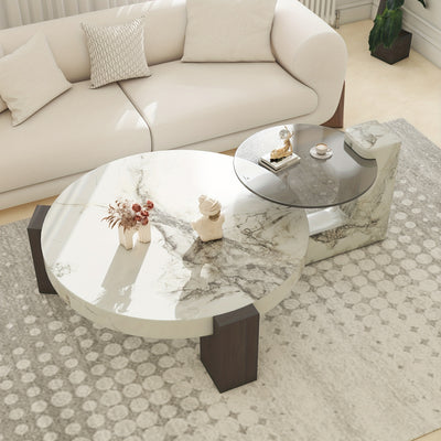 Modern Round Nesting Coffee Tables Set Of 2, Coffee Tables with Faux Marble Texture Surface And C-Shaped Side Table, Nesting Coffee Tables for Living Room/Apartment, Nesting Coffee Table Set, Coffee Table for Living Room, Cof