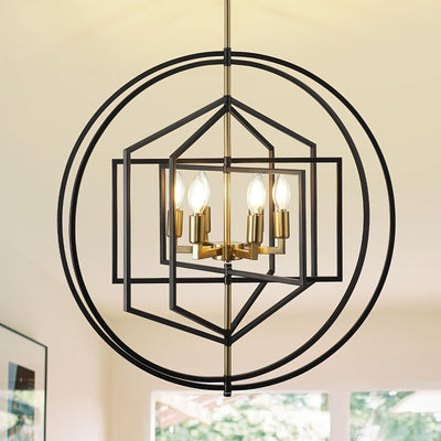 26" Farmhouse Chandelier, 6 Light Black And Golden Chandelier, Large Chandeliers For High Ceilings, Round Pendant Lights For Living Room, Staircase