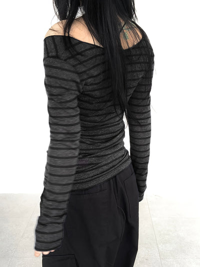 Japanese and Korean Special Targeted Elegant Basic Large Round Neck Slimming Long Sleeve Striped Top