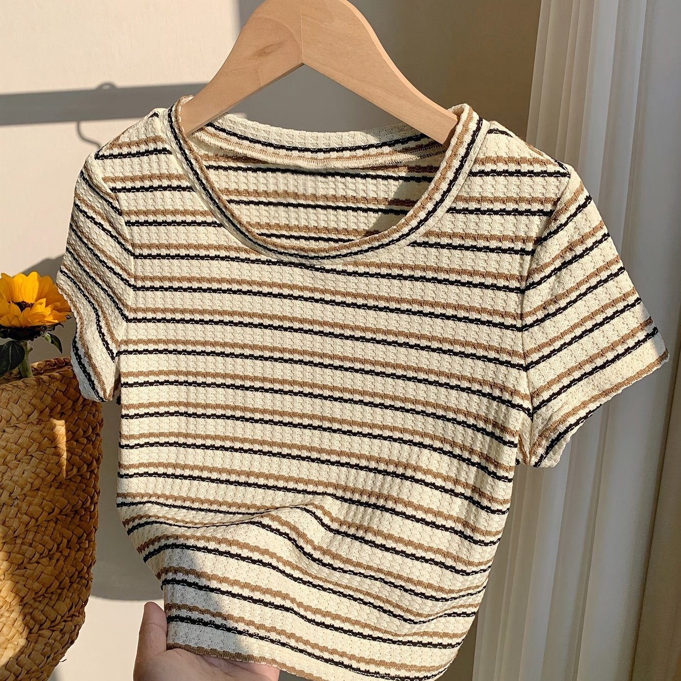 Women's Elegant Striped Casual T-Shirt - & Beige Horizontal Stripes, Medium Stretch, Machine Washable, All-Season Versatile Top for Casual Attire, Ladies T Shirts, Mediumstretch Material, Nontransparent Fabric