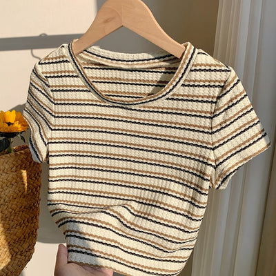 Women's Elegant Striped Casual T-Shirt - & Beige Horizontal Stripes, Medium Stretch, Machine Washable, All-Season Versatile Top for Casual Attire, Ladies T Shirts, Mediumstretch Material, Nontransparent Fabric