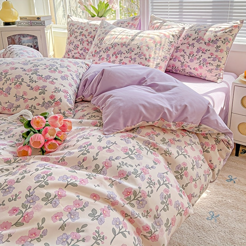 3pcs Korean Style Duvet Cover Set, New American Floral Duvet Cover Set with 1 Single Duvet Cover + 2 Pillowcases, Comfortable and Breathable, Machine Washable, Non-Fading and Deforming, Suitable for All Seasons, Light Beige-F