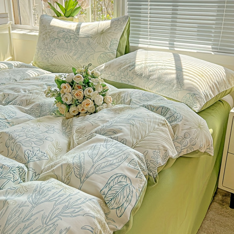 3pcs Korean Style Duvet Cover Set, New American Floral Duvet Cover Set with 1 Single Duvet Cover + 2 Pillowcases, Comfortable and Breathable, Machine Washable, Non-Fading and Deforming, Suitable for All Seasons, Light Beige-F
