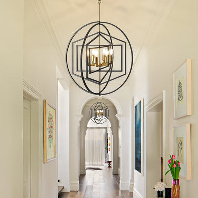 26" Farmhouse Chandelier, 6 Light Black And Golden Chandelier, Large Chandeliers For High Ceilings, Round Pendant Lights For Living Room, Staircase