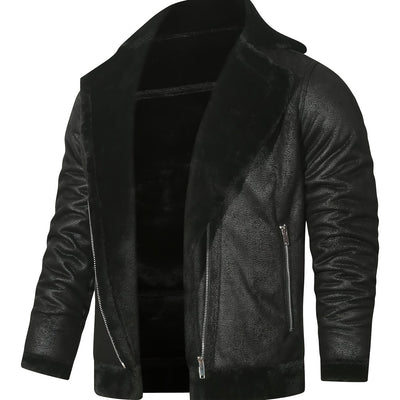 Men's Slim Fit Jacket with Faux Fur Trim - Casual Brown Zip-Up Coat, Long Sleeve, Polyester Blend for Casual Attire
