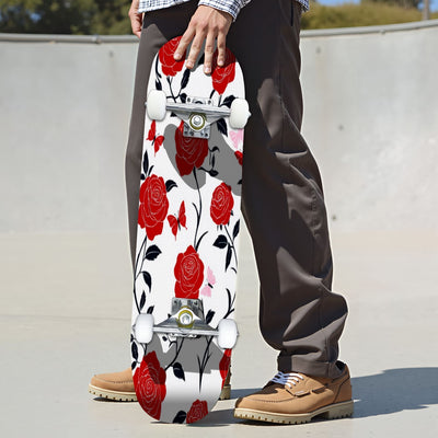 Advanced Maple Skateboard - 7-Layer Recycled Wood Deck with Double Kick Concave Panel, Precision Bearings Red Roses and Pink Butterflies Floral Pattern on White Background All Skill Levels, Multi-Functional for Skateboarding,