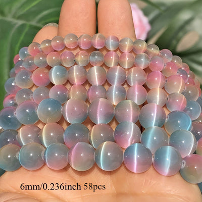 15 Inch Strand 6/8/10mm Pastel Gradient Cat's Eye Stone Beads - Iridescent Play-of-Color Loose Spacer Beads for Jewelry Making, DIY Bracelets & Necklaces, Japanese-Korean Style Lustrous Finish Beads for Crafting, Holiday Gift