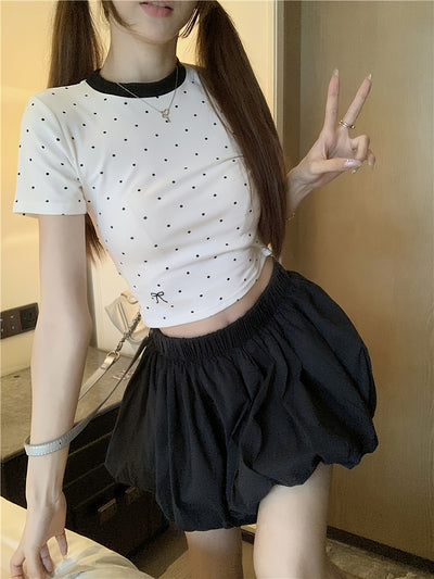 Summer Short Sleeve Cotton T-Shirt for Women - Fashionable Commute Style with Round Neckline, Knit Fabric, and Polka Dot Pattern - Japanese and Korean Series Collection