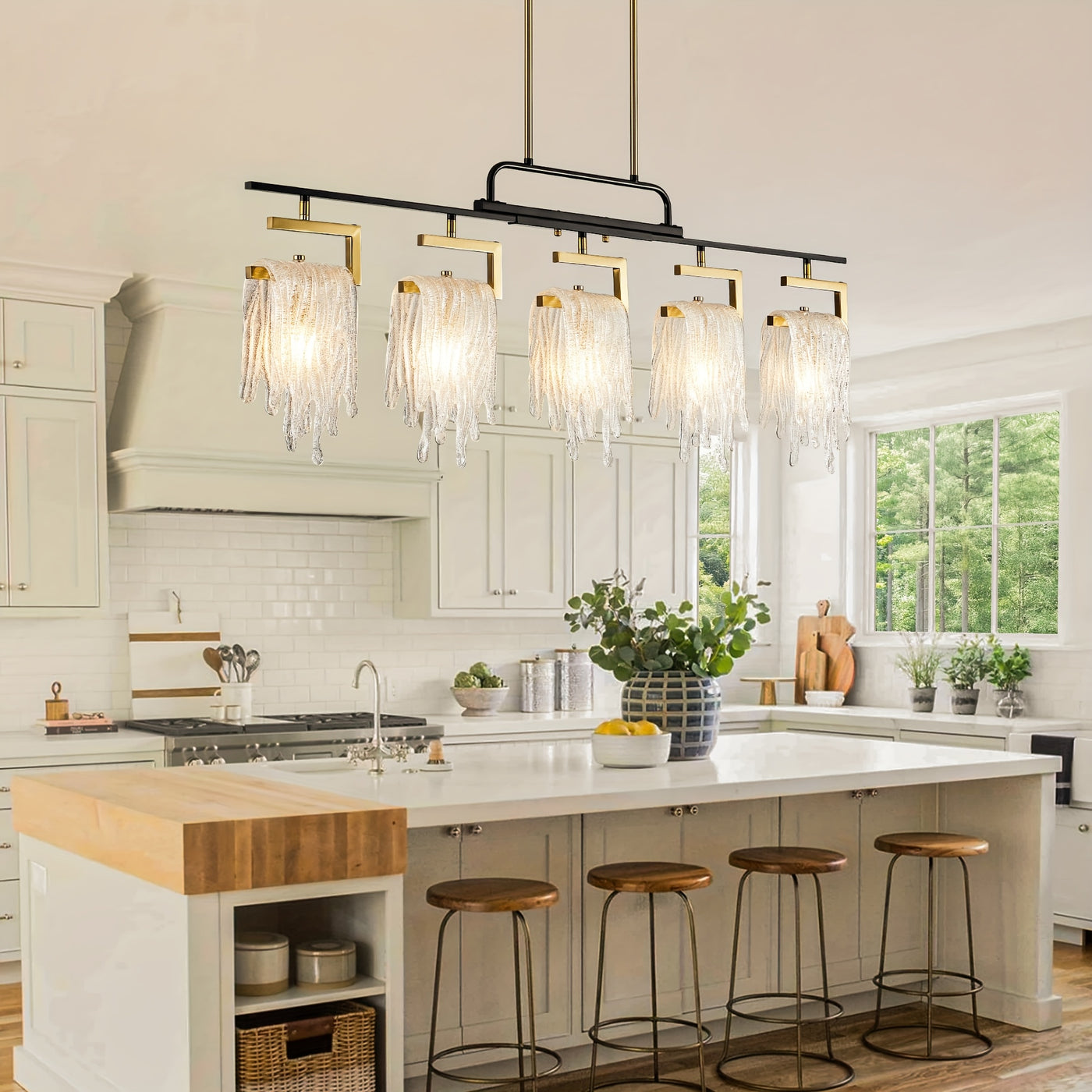 Dining Room Light Fixture/Chandelier Over Table, 5-Light Kitchen Island Lighting, Hanging For Farmhouse Linear Chandeliers, Black And Golden Ceiling Pendant Light Fixtures, With Glass Shade