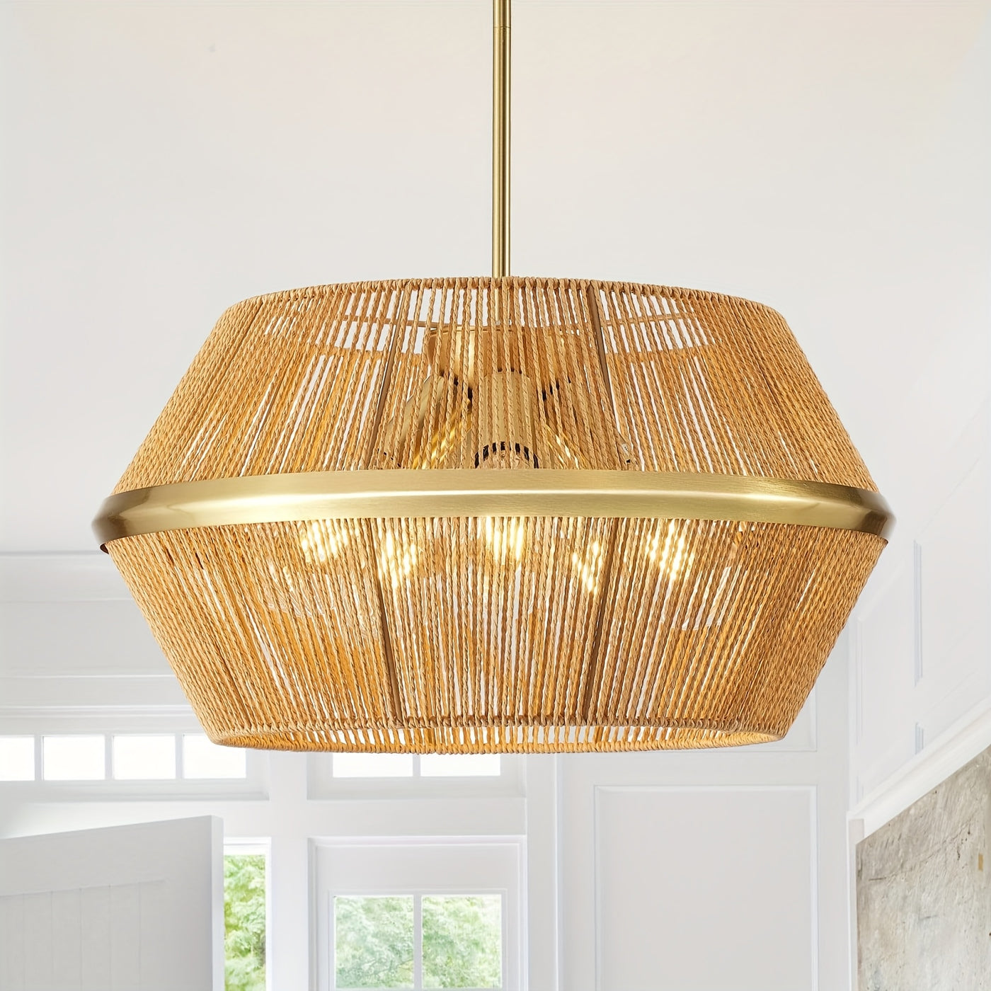 19" Adjustable Height 5-Light Black Rattan Farmhouse Chandelier - Hand-Woven Boho Pendant Light Fixture for High Ceilings, Rustic Dining Room & Kitchen, Easy Install with Hardware Included