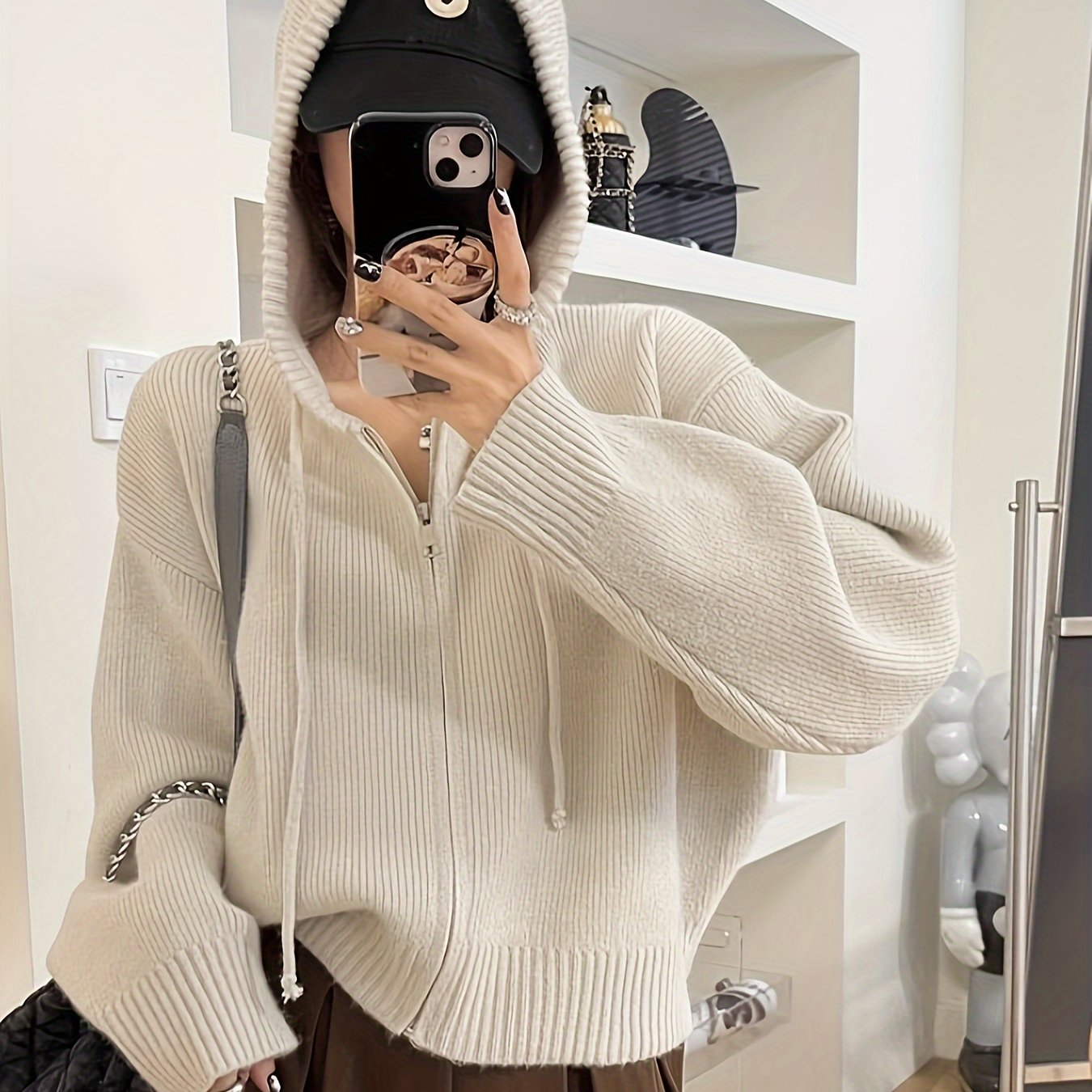 Solid Zipper Drawstring Hooded Cardigan, Casual Long Sleeve Loose Cardigan For Fall & Winter, Women's Clothing