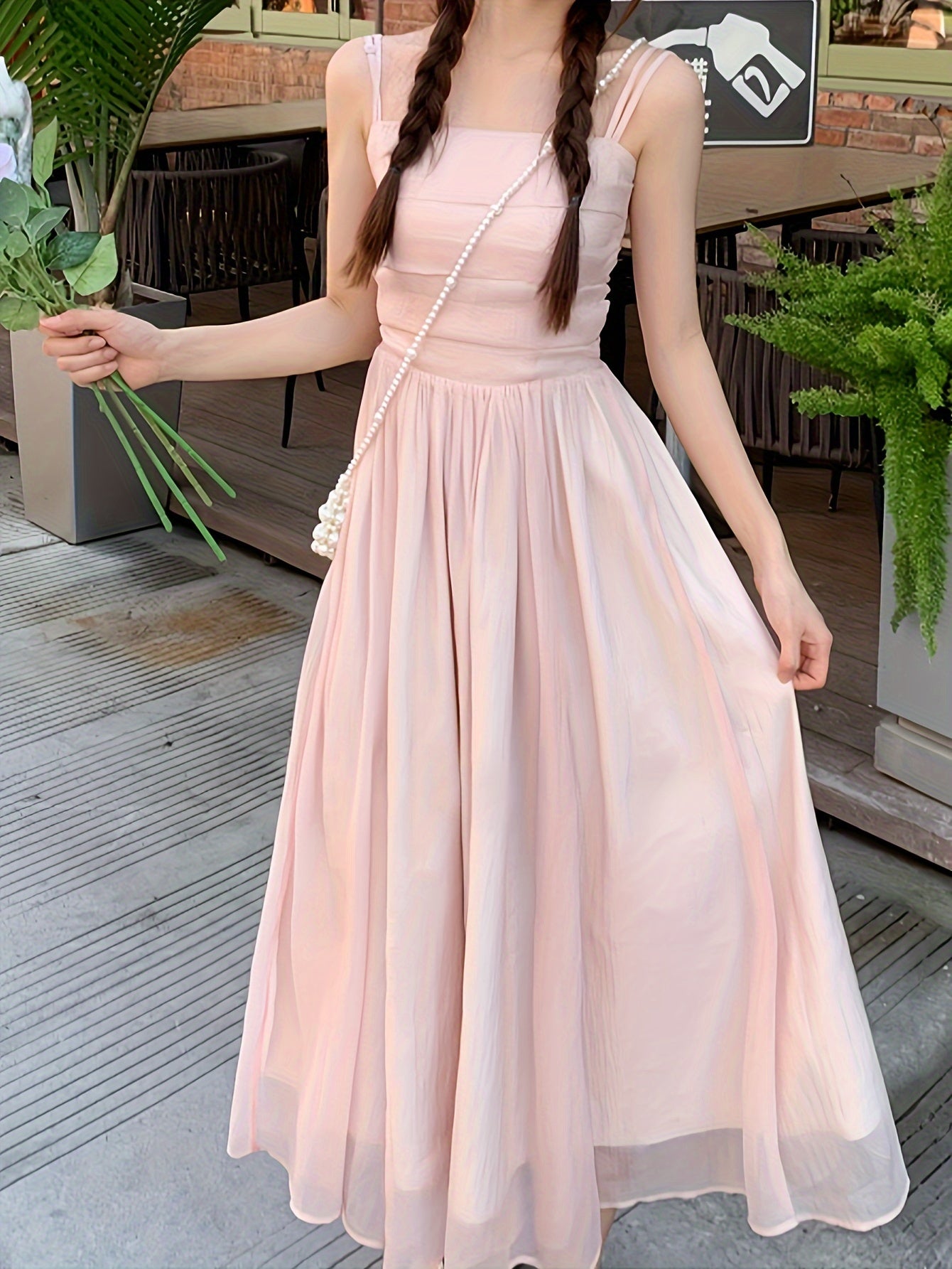 Korean-style Trendy Design Temperament Slimming Dating Vacation Pink Body-hugging Dress with Suspenders And Halter Neck