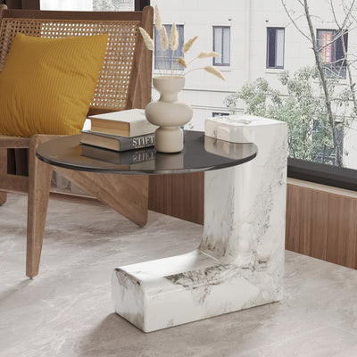 Modern Round Nesting Coffee Tables Set Of 2, Coffee Tables with Faux Marble Texture Surface And C-Shaped Side Table, Nesting Coffee Tables for Living Room/Apartment, Nesting Coffee Table Set, Coffee Table for Living Room, Cof