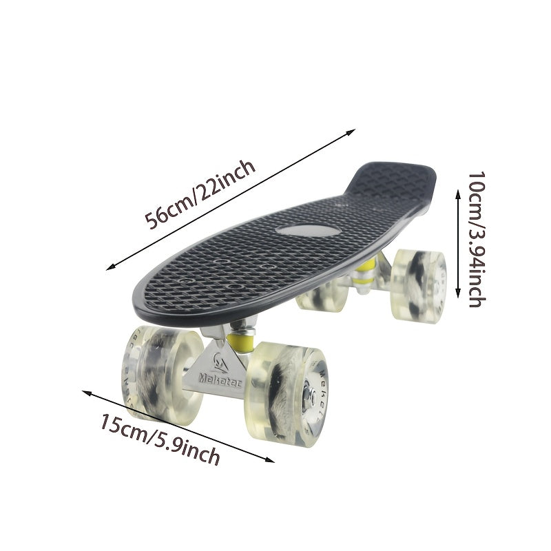 Beginner-Friendly Skateboard with Lightweight PP Material, Smooth Carbon Steel Bearings, 220.46LB Load Capacity – Perfect for Learning to Skate, Black Deck with Yellow Accents, Transparent Wheels for Easy Visibility