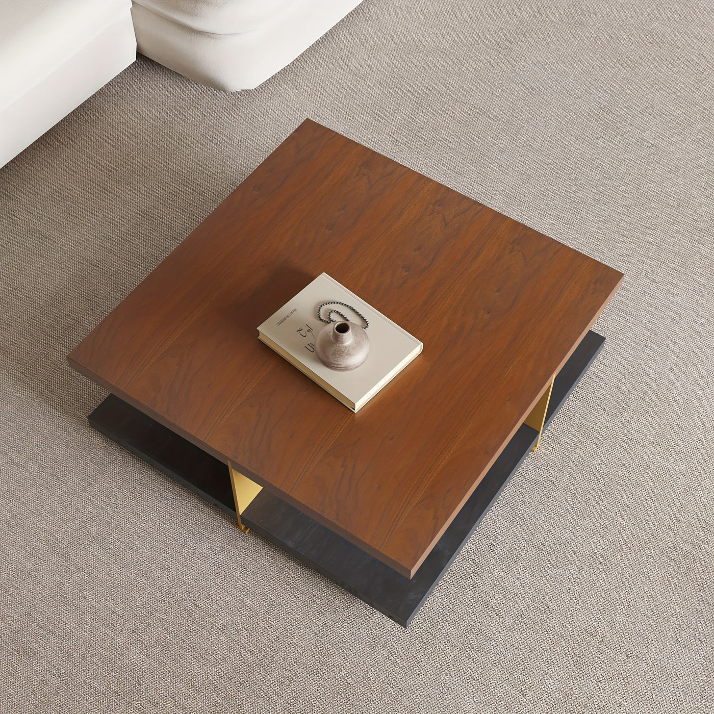 Wood Coffee Table - Mid Century Modern Square Coffee Table With Storage Shelf, 2-Tier Coffee Table Center Table For Living Room Office Apartment, 35.43"