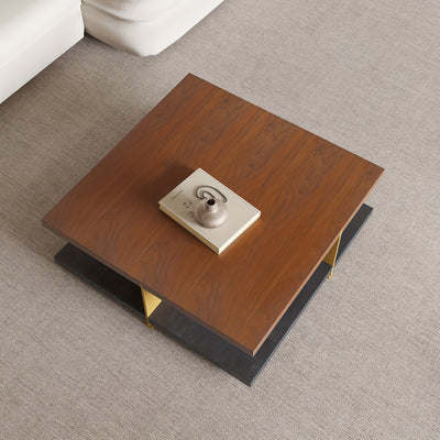 Wood Coffee Table - Mid Century Modern Square Coffee Table With Storage Shelf, 2-Tier Coffee Table Center Table For Living Room Office Apartment, 35.43"
