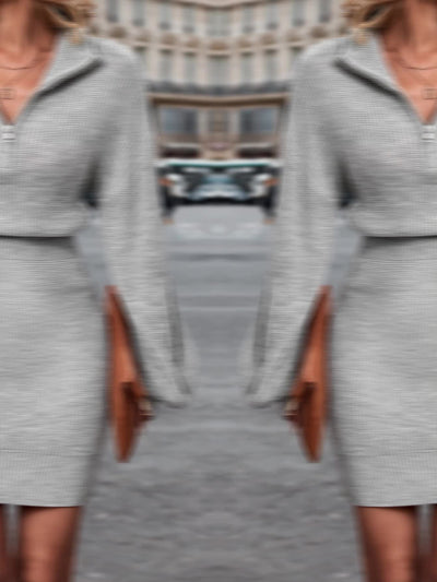 Elegant Long Sleeve Dress for Women - Chic Polo Collar, Zipper Closure, Solid Gray, Ribbed Texture, Perfect for Fall/Winter, Stylish Commuter Wear|Sleek Formal Attire| Construction, Long Sleeve Dress