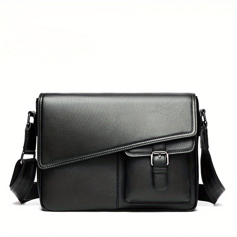 Genuine Leather Unisex Crossbody Messenger Bag - Sleek Minimalist Design with Adjustable Strap, Multiple Compartments & Metal Hardware, Black for Men & Women, Casual & Professional Use, Versatile Travel Purse | Korean Fashion