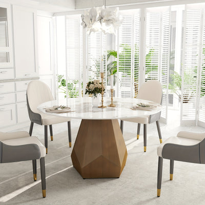 Round Dining Table(Chairs Not Included) - Marble Dining Room Table Round Kitchen Table For 6 To 8, Glossy Sintered Stone Tabletop With Solid Metal Diamond Shape Base, Circle Dining Table For Kitchen