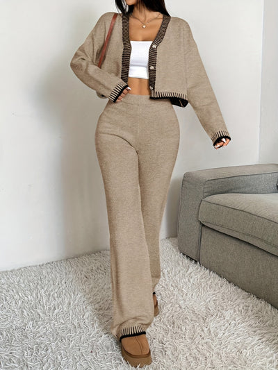 Set Long Sleeve Cardigan and Pants Button V-Neck Khaki Elegant Casual Sweater Outfit for Women Autumn Winter Fashion