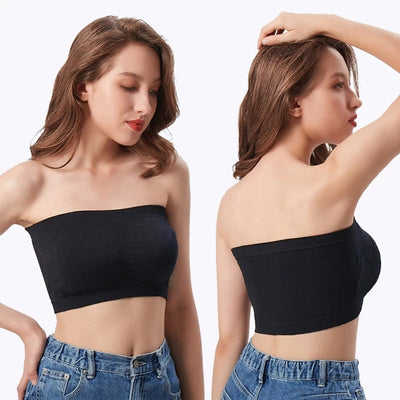 Plus Size Double-Layer Anti-Slip Strapless Bra with Removable Pads - No Underwire Seamless Smoothing High Elasticity Black Camisole Top for Casual Attire, Comfortable Daily Wear, Offshoulder Fashion, Smooth Fabric Finish