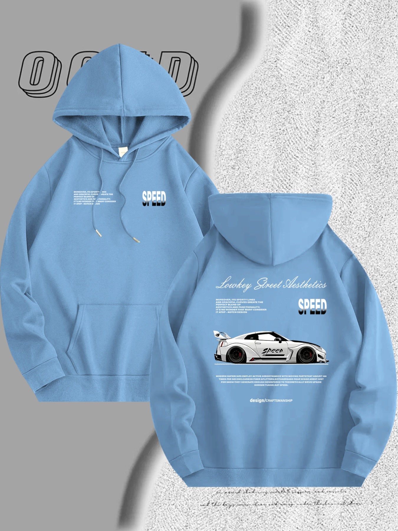 Men's Light Blue Racing Car Graphic Hooded Sweatshirt - Casual Long Sleeve Pullover with Speed & Speed Limit Print, Soft Hood, Machine Washable, Automotive Enthusiast Apparel