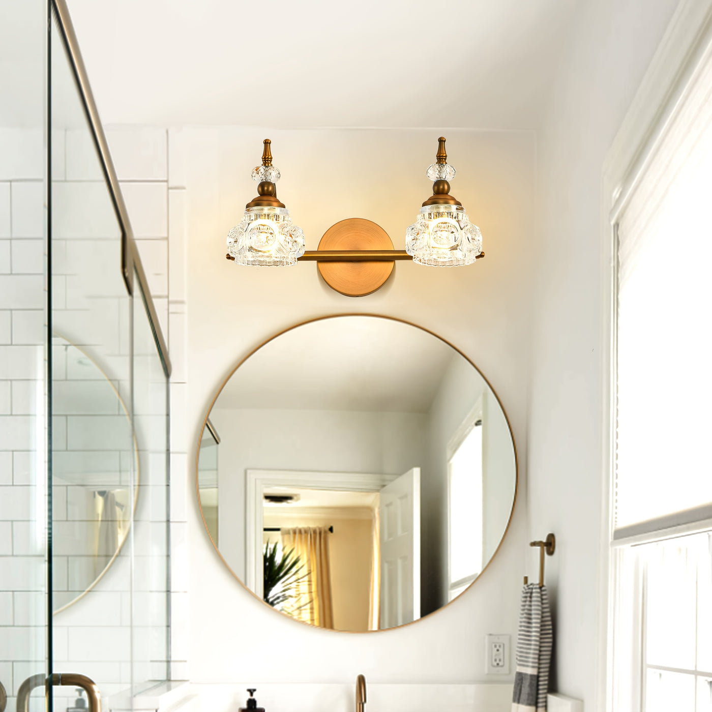 Vintage Golden Bathroom Vanity Light Fixture with 2 Crystal Glass Shades - Elegant Wall-Mounted Design for Living Room, Bedroom, Stairs, Courtyard, Hallway - Polished Finish, Semi-Flush Mount, Hardwired, 110-220V, Bathroom De