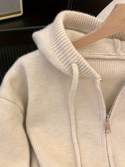 Solid Zipper Drawstring Hooded Cardigan, Casual Long Sleeve Loose Cardigan For Fall & Winter, Women's Clothing