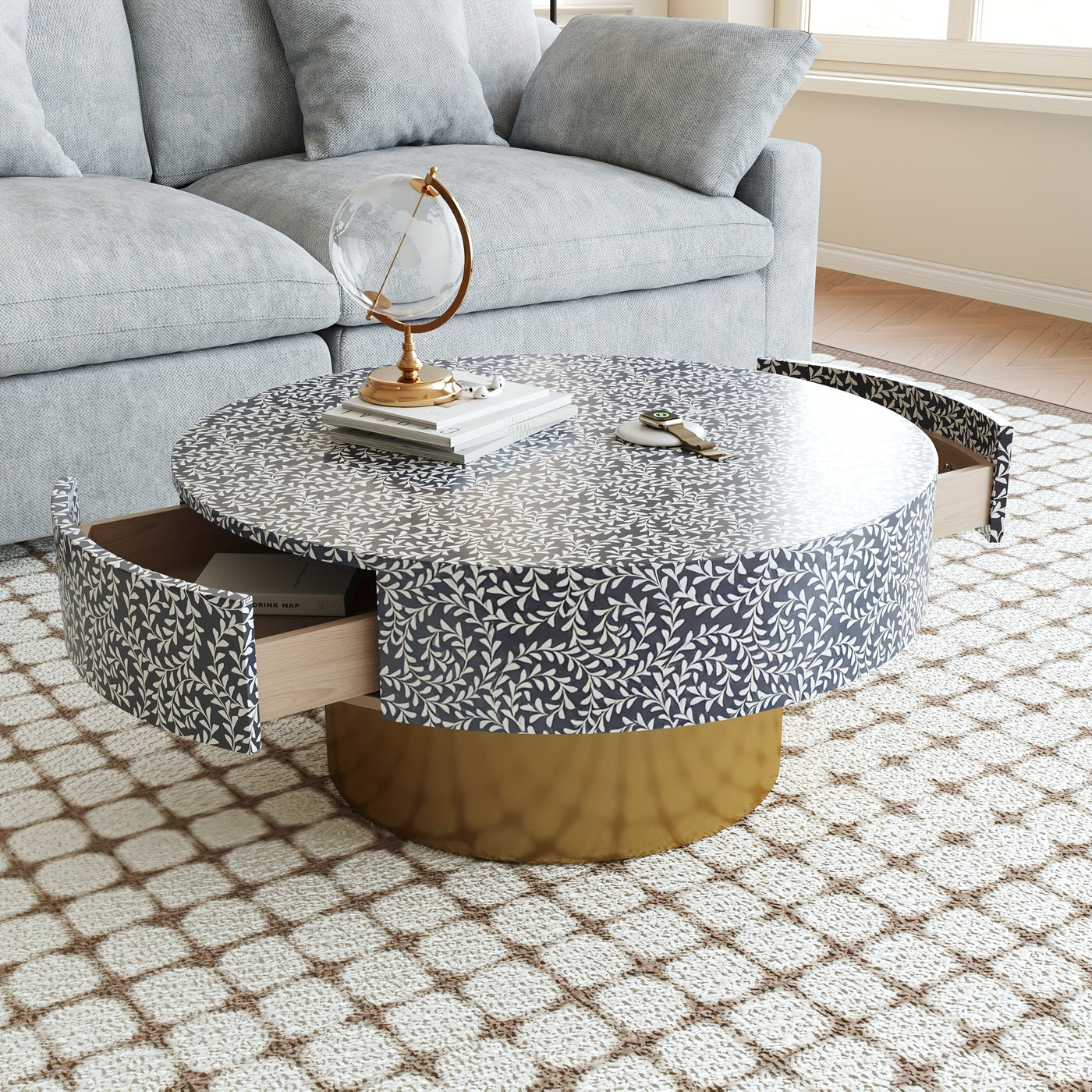 32.5" Round Coffee Table with 2 Large Drawers - Mid-Century Modern Living Room Center Table, Heavy-Duty Metal Construction, Easy Assembly, Golden Accent base for Small Spaces, Apartments, Offices - Space-Saving Storage Organi