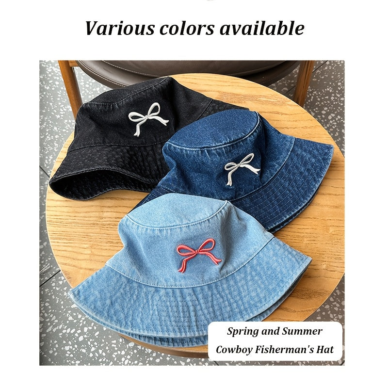 1pc - Korean Style Embroidered Bow Fisherman Hat for Spring And Summer Outings, Sun Protection, Denim Bucket Hat for Women, Casual And Versatile, Makes The Face Look Smaller.