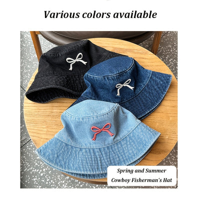 1pc - Korean Style Embroidered Bow Fisherman Hat for Spring And Summer Outings, Sun Protection, Denim Bucket Hat for Women, Casual And Versatile, Makes The Face Look Smaller.