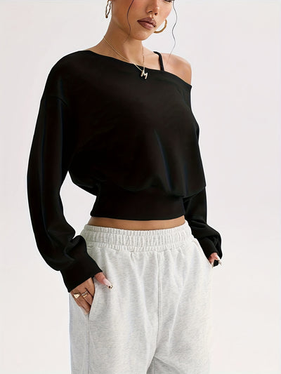 Women's Elegant Off-the-Shoulder Long Sleeve T-Shirt - Chic Tops for Parties, Formal & Everyday Outfits - Machine Washable Women's Clothing - Elegant Everyday Essential, Ladies T Shirts, Casual Wear, Versatile Fashion, Textur