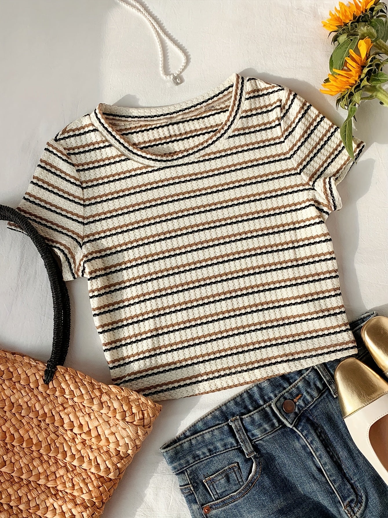 Women's Elegant Striped Casual T-Shirt - & Beige Horizontal Stripes, Medium Stretch, Machine Washable, All-Season Versatile Top for Casual Attire, Ladies T Shirts, Mediumstretch Material, Nontransparent Fabric