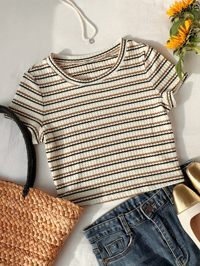 Women's Elegant Striped Casual T-Shirt - & Beige Horizontal Stripes, Medium Stretch, Machine Washable, All-Season Versatile Top for Casual Attire, Ladies T Shirts, Mediumstretch Material, Nontransparent Fabric