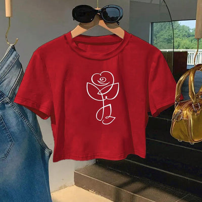 Red Rose Print Cropped T-Shirt