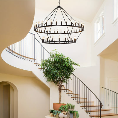 Modern Farmhouse Chandelier 2 Tier Round Wheel Chandelier Large High Ceiling Light.