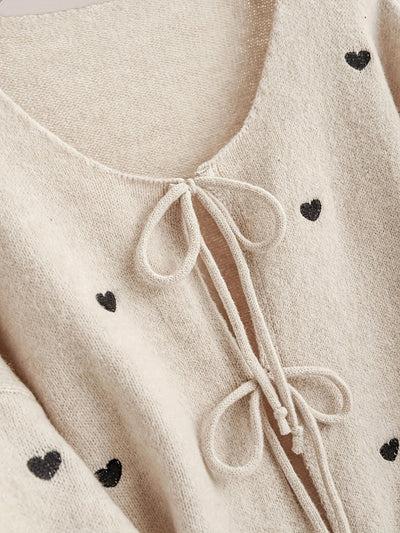 Women'S Soft Pink Sweater - Pastel Pink Cardigan with Front Tie-Waist, Heart Pattern, Boat Neck Longline Blouse for Fall/Winter Layering - Cozy Chic Sweater for Everyday Formal Outfits, Cute Sweaters, Winter Wardrobe, Feminin