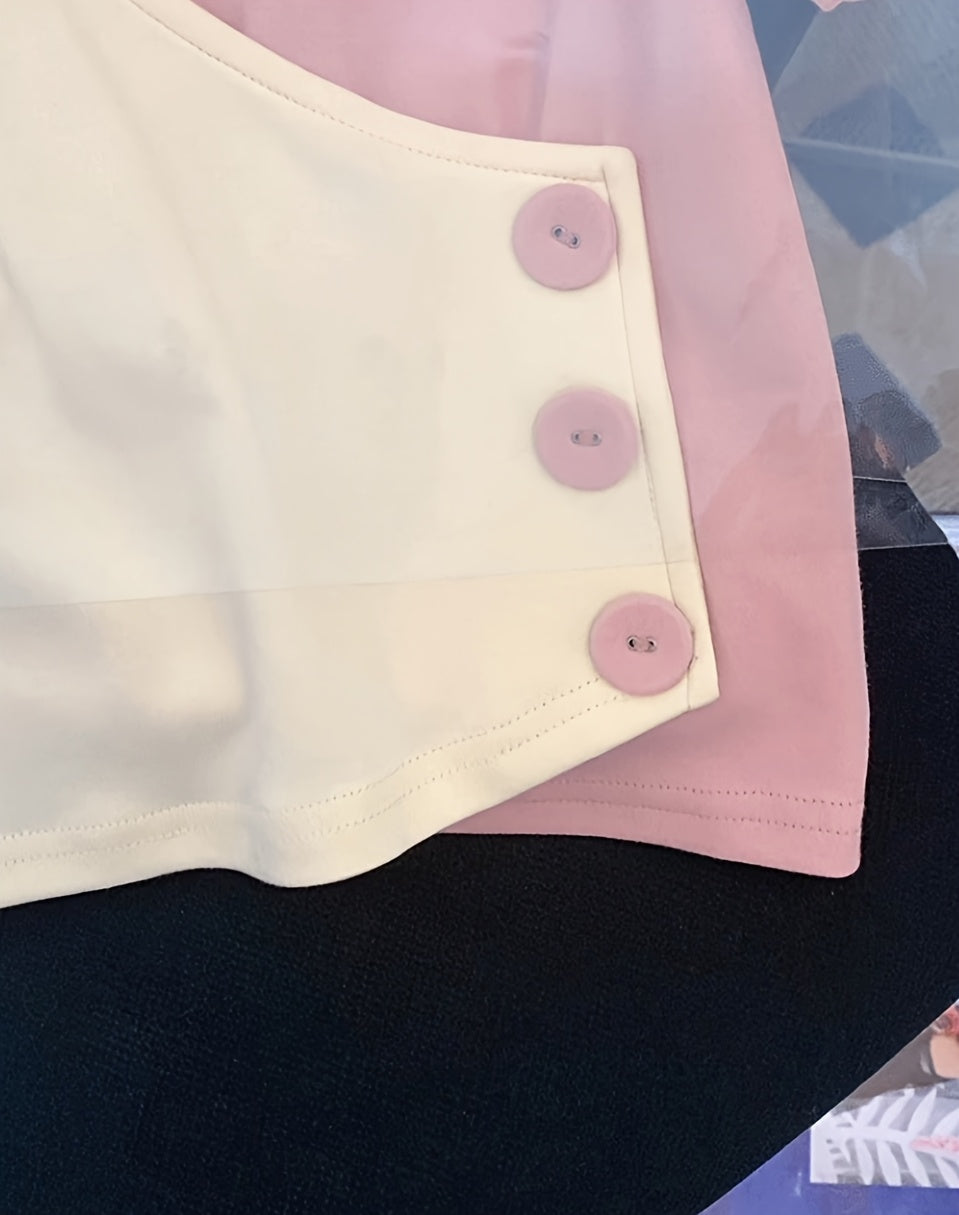 [Summer Chic Shirt] Stretchy Polyester Women's Heart Cut-Out Color-Block Shirt | Short Sleeve Top with Waist Accent, Summer Casual Chic Blouse