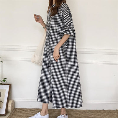 Harajuku Style Cotton Linen Dress Plaid