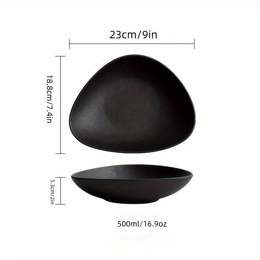 Set of 1 Triangle Japanese Style Ceramic Salad Bowl, 16.9 oz Microwave Safe Modern Matte Black Finish Novelty Serving Dish, Unique Fruit Salad Plate